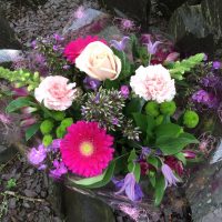 Purple and pink hand tied bouquet